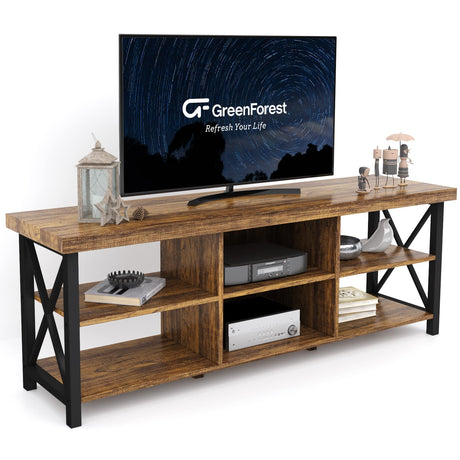 GreenForest TV Stand for TV up to 65 inches, Entertainment Center with 6 Storage Cabinet for Living Room, 55 inch Farmhouse Television Stands Console Table, TV stands for Living Room, Walnut GreenForest