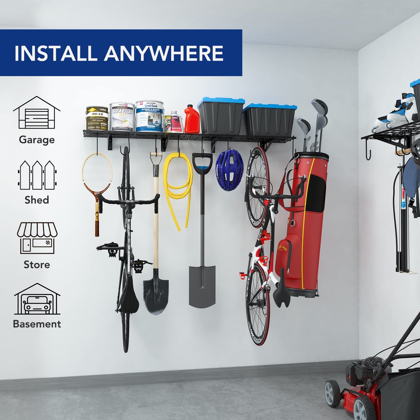 FLEXIMOUNTS Garage Wall Shelving, 2-Pack 1x3 ft, Includes 8 Bike Hooks, Wall Shelf Garage Organization System w/Bike Hangers, Garage Storage Rack, Floating Shelves, 300 lbs Weight Capacity