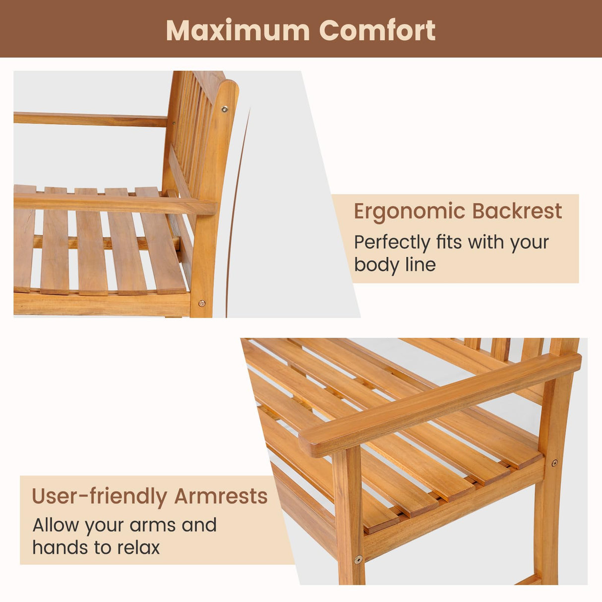 HAPPYGRILL Ergonomic Acacia Wood Loveseat Bench for 2 - All-Weather Patio Seating HAPPYGRILL