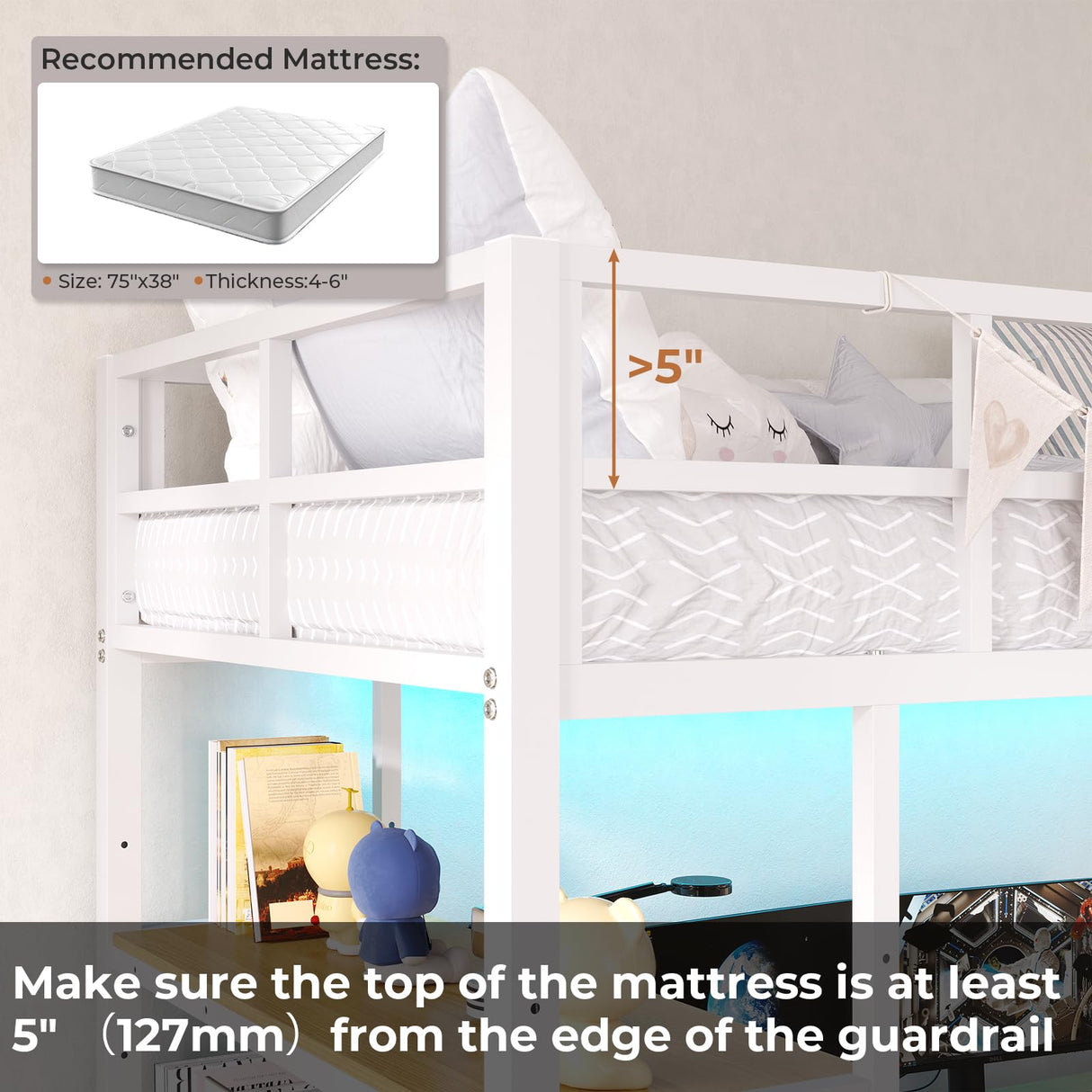 DICTAC Twin Loft Bed with L-Shaped Desk, LED Lights & Charging Station – Space-Saving Metal Frame with Storage Shelves & Drawers in White DICTAC