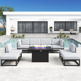 LayinSun Large Aluminum Patio Furniture Set with Fire Pit Table, 9 Pieces Modern Outdoor Conversation Set Sectional Metal Sofa Set with Olefin Cushion LayinSun