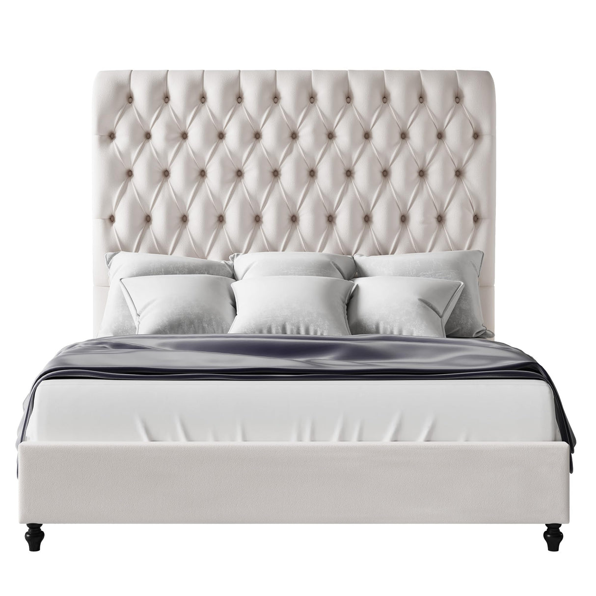 AMERLIFE Queen Size Bed Frame with 60" Tall Wingback Headboard, Velvet Upholstered Platform, Button Tufted Sleigh Design, No Box Spring Needed,Cream AMERLIFE