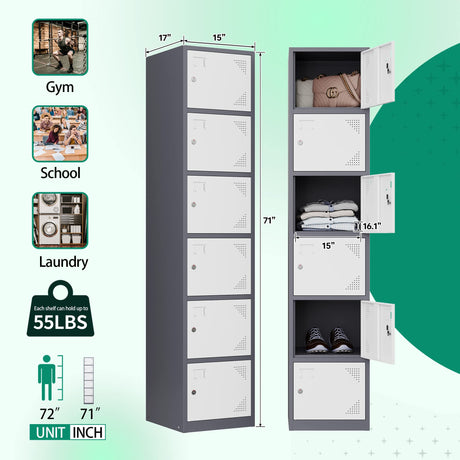 Letaya Metal Lockers for Employees,71" Steel Storage Cabinet with 6 Door Lockable for Office Staff,Home,Gym,School (Grey White) Letaya