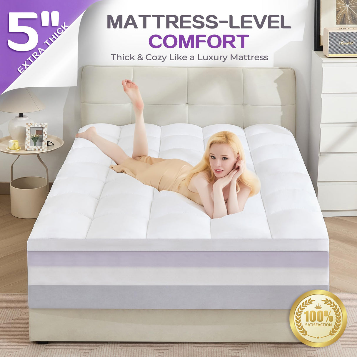 SINWEEK Dual Layer 5 Inch Memory Foam Mattress Topper King Size, 3 Inch Gel Memory Foam Plus 2 Inch 1450 GSM Down Alternative Quilted Pillow Top Mattress Pad Cover, White SINWEEK