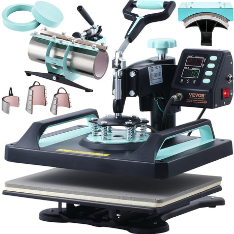 VEVOR 8 in 1 Heat Press Machine for T Shirts Hats Mugs Plates - 12x15 Swing Away Shirt Press Machine with 30 OZ Tumbler Press, Hat Press, Plate Press, Light Green VEVOR