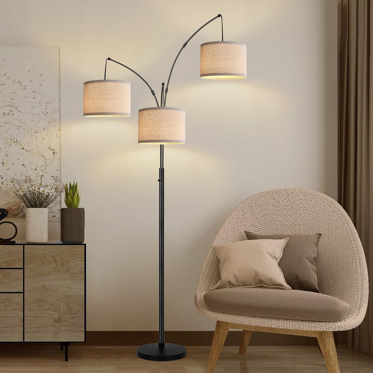 Dimmable Floor Lamp - 3 Lights Arc Floor Lamps for Living Room, 1000LM Modern Tall Standing Lamp With Beige Shades & Heavy Base, Mid Century Tree Floor Lamp for Bedroom Office, 3 LED Bulbs Included Nintiue