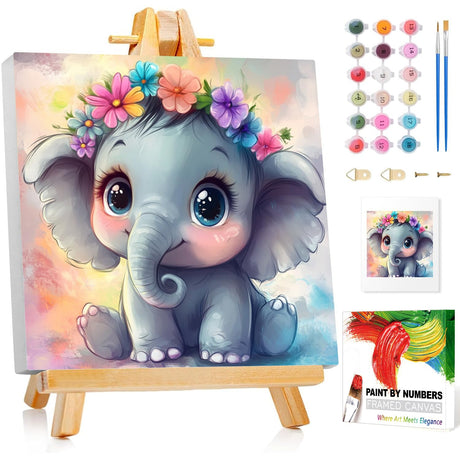 Reivworl Paint by Numbers Kit for Kids with Frame and Easel, Elephant Paint by Number Kids Age 5-8-12, Paint by Numbers Gifts and Home Decor (8X8 Inch) Reivworl