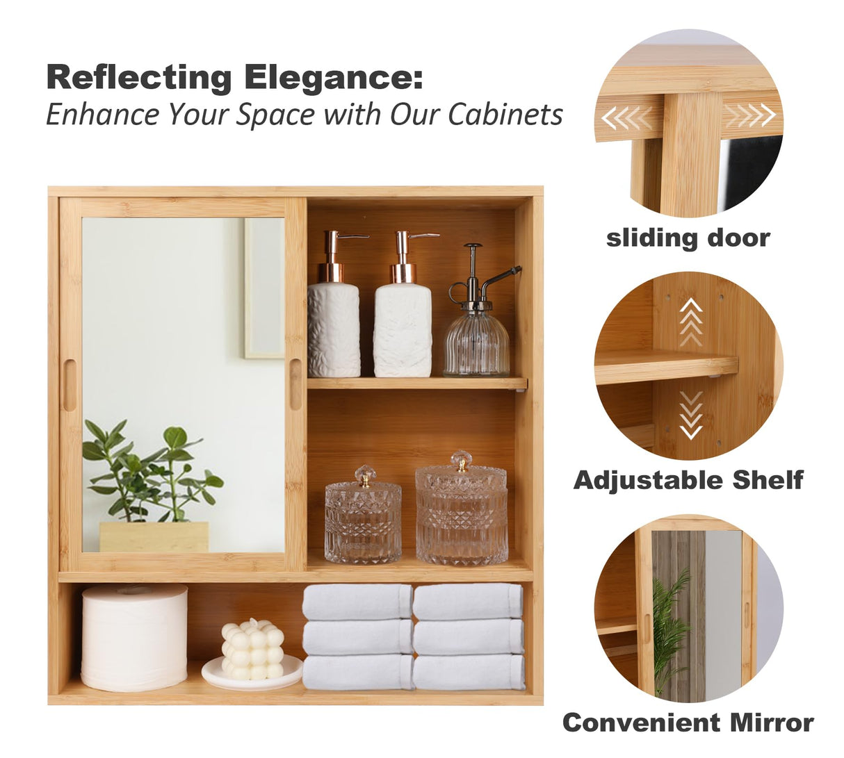 ZYBT Bamboo Bathroom Cabinet,Mirrored Medicine Cabinets,Bathroom Cabinet Wall Mounted with Storage,Medicine Cabinets with Mirror,Over The Toilet Storage with 2 Sliding Doors ZYBT