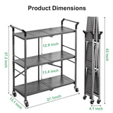 HKWOTINHA Folding Rolling Cart with Wheels - 3 Tier Collapsible Utility Cart, Metal Service Cart (Large) HKWOTINHA