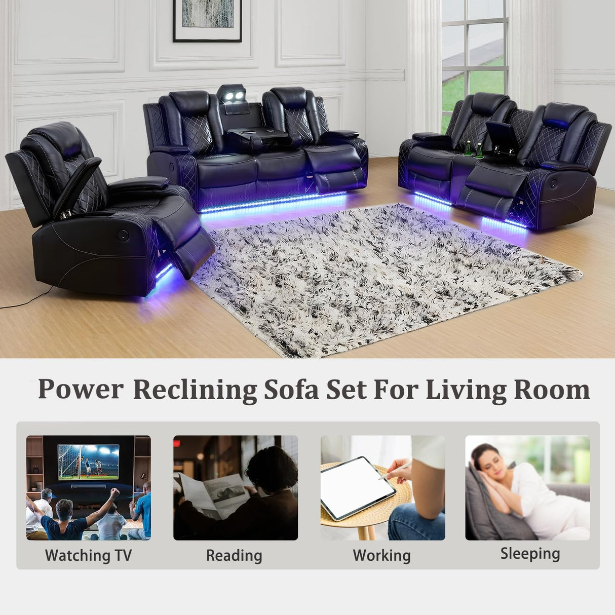 GEBADOL Power Recliner Sofa Set with LED, Black Leather Reclining Living Room Sofa, Muti-Functional Recliner Sofa and Couch with Storage Console/Cup Holders/USB Ports GEBADOL