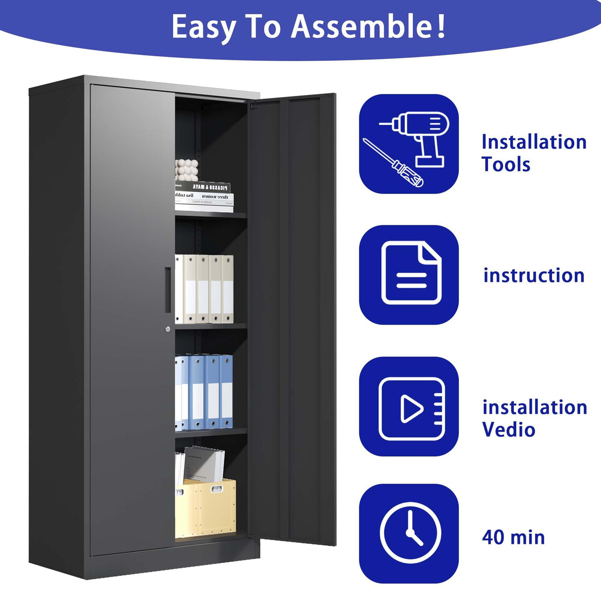 Lockable Cabinet Metal Storage Cabinet, 69" Locking Metal Storage Cabinet with 3 Adjustable Shelves,Black Metal Cabinet with 2 Doors and Lock for Office, Garage, Home (Black, 69") HomJoones