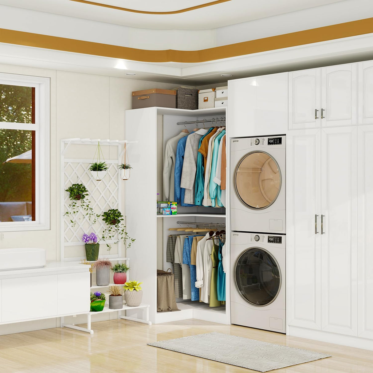 Vomavex Corner Closet System with 3 Hanging Rods, 30.8”-70.2” L Shaped Freestanding Closet Organizer for Walkin Closet, Corner Wardrobe, White vomavex