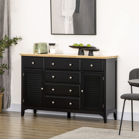 HOMCOM Sideboard Buffet Cabinet with Storage Drawers, Rubber Wood Top and Adjustable Shelves, Kitchen Cabinet Coffee Bar Cabinet, Black HOMCOM