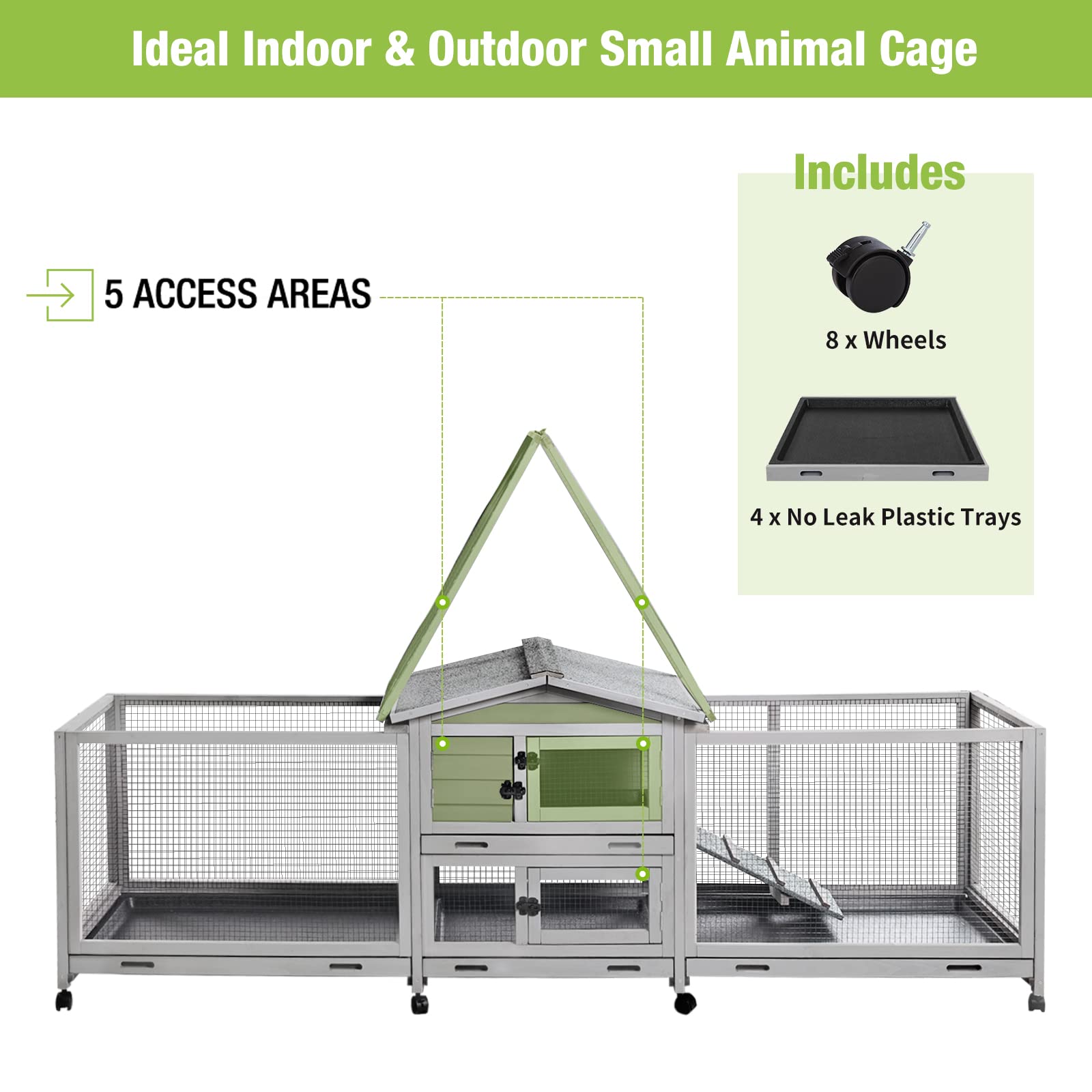 Rabbit Hutch Bunny Cage Indoor & Outdoor Rabbit Cage on Wheels, Large Guinea Pig Cage with 4 Deep No Leakage Pull Out Trays - 93.7" - WoodArtSupply