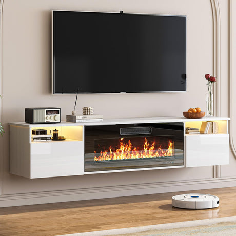 TABU 70" Floating TV Stand with 36" Electric Fireplace Heater, Modern Entertainment Center with High Gloss Finish & LED Ambient Light, for TVs Up to 80", Wall Mounted, White TABU