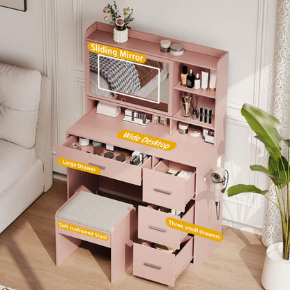 Viaozutis Vanity Desk with a Mirror and Lights，with Chair and Four Drawers, Three Adjustable Lighting Modes，with Power Outlet and Sliding LED Mirror,Bedroom Vanity Desk (Pink)