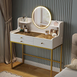DELUXE LIVING Makeup Vanity Desk with Mirror and Lights, Glass Top Vanity Desk with 3 Drawers & 2 Storage Shelves, Bedroom Dressing Table with Power Outlet, 3 Lighting Mode, White DELUXE LIVING