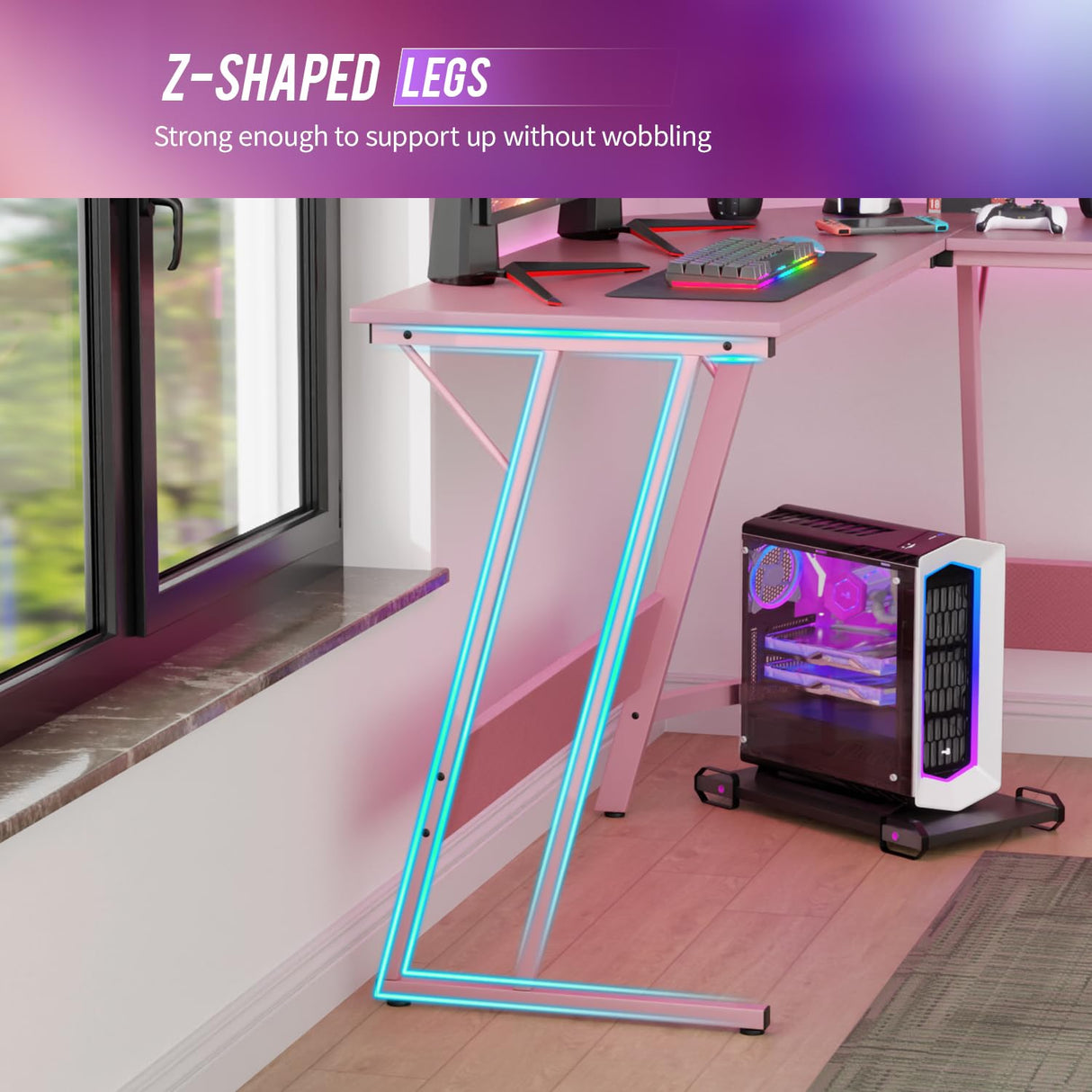 FDW L Shaped 51 Inch Gaming Desk,Corner Computer Desk,PC Gaming Desk,Writing Workstation with Large Monitor Stand for Home Office,Pink FDW