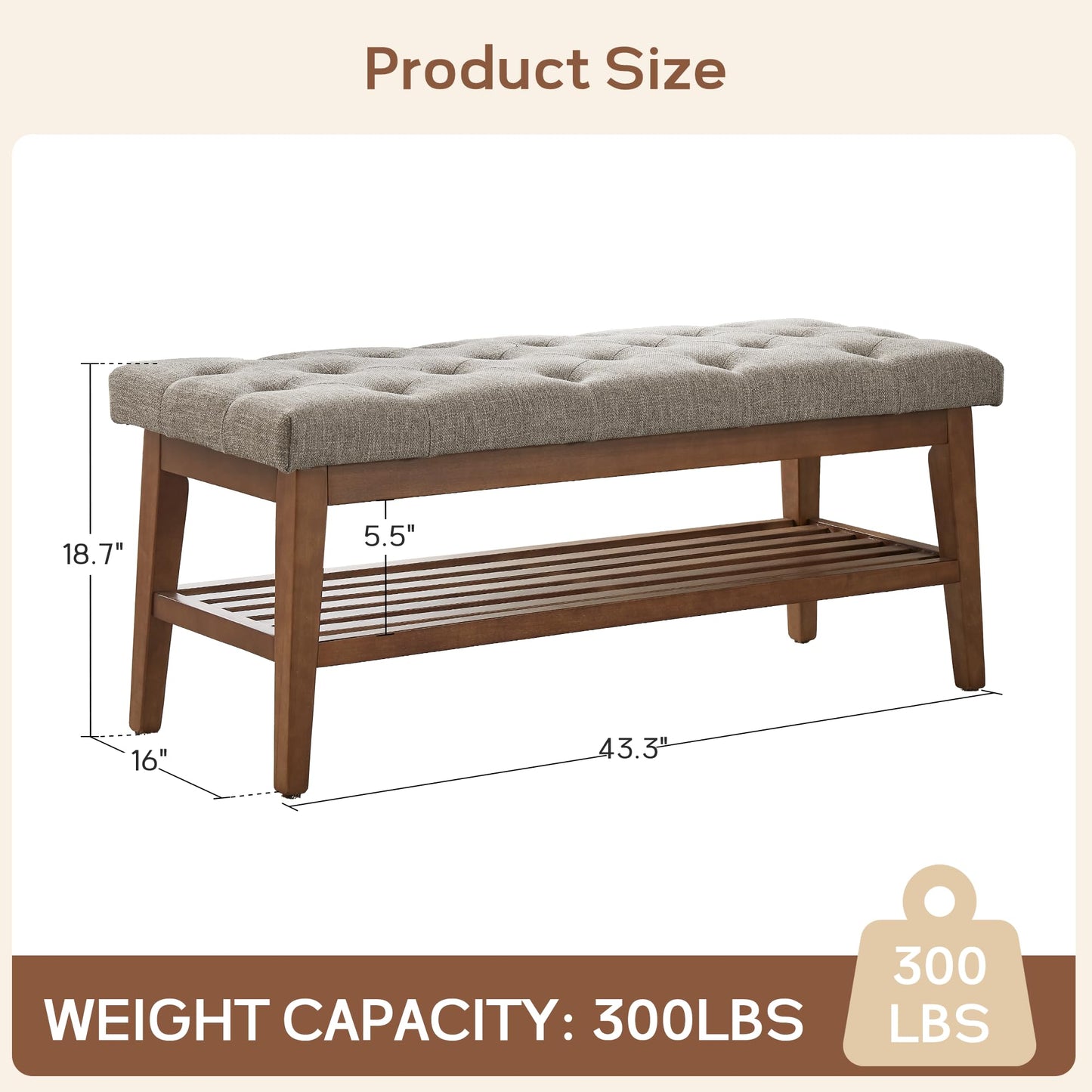 HUIMO Entryway Shoe Bench, End of Bed Bench,Upholstered Button-Tufted Bench for Kitchen, Fabric Ottoman Bench for Living Room, Padded Bench with Solid Wood Shelf,Brown - WoodArtSupply