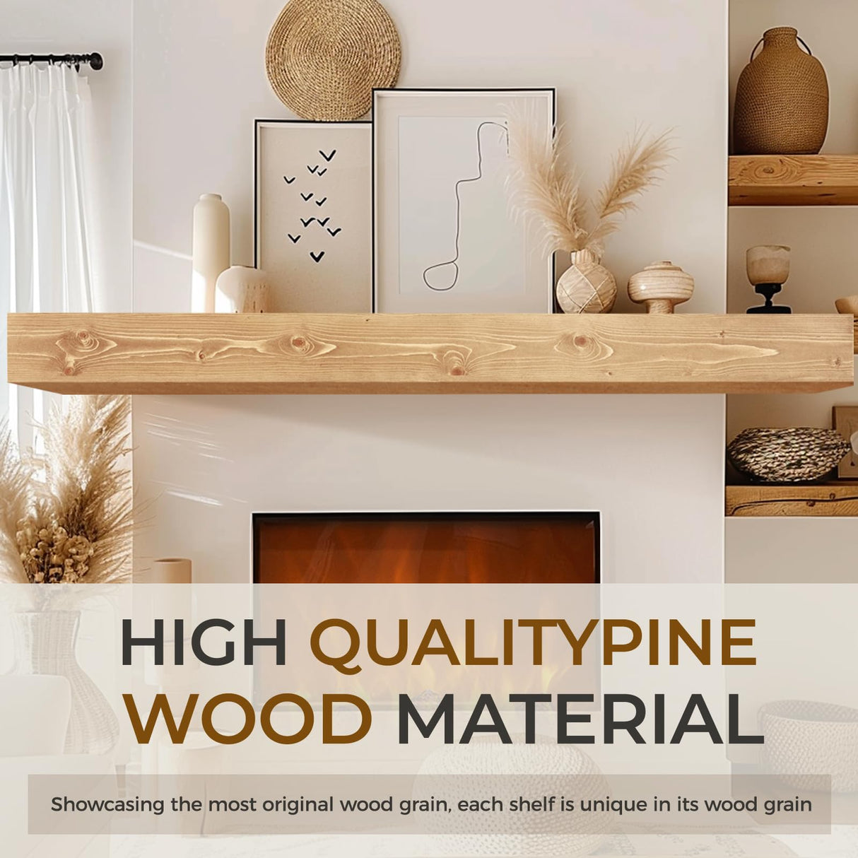 YLYHSST 72" Fireplace Mantel, 5'' Thick Handmade Hollow Solid Wood Wall Long Floating Shelf with Invisible Wood Brackets, Wood YLYHSST