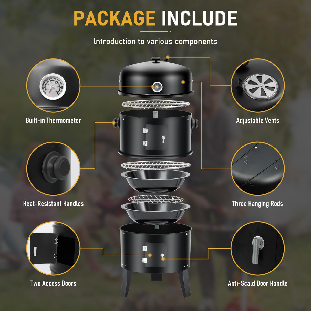 3-in-1 Vertical Charcoal Smoker, 16in BBQ Smoker Grill with Built-in Thermometer, Air Vent, and 2 Access Doors of black iron, Idea for Parties, Backyard, Barbecues ONUUNPY