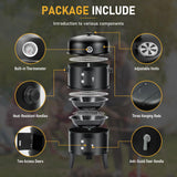 3-in-1 Vertical Charcoal Smoker, 16in BBQ Smoker Grill with Built-in Thermometer, Air Vent, and 2 Access Doors of black iron, Idea for Parties, Backyard, Barbecues ONUUNPY