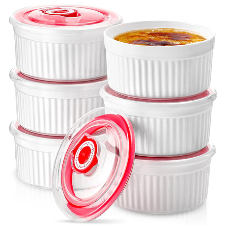Mfacoy Ramekins with Lids Set of 6, 8 oz Porcelain Creme Brulee Souffle Ramekins with Covers, White Pudding Custard Cups Ramiken for Baking, Small Bowls for Sauces Dessert, Dishwasher and Oven Safe Mfacoy