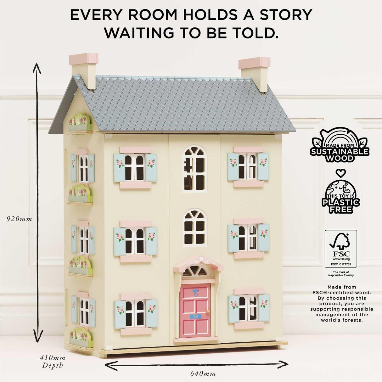 Le Toy Van - Gorgeous Cherry Tree Hall Large 4 Storey Wooden Doll House Play Set For Girls or Boys | Great As A Gift | Suitable for Ages 3+ Le Toy Van