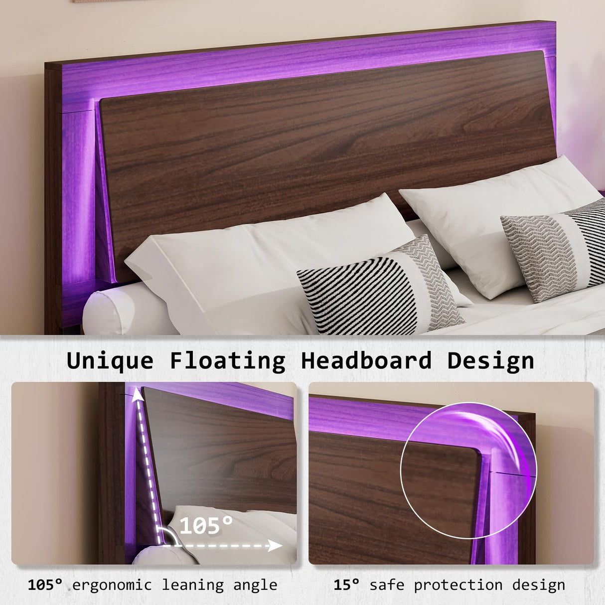 LUXOAK Mid-Century Modern King Size Wood Bed Frame with RGBW LED Light and Floating Headboard - Cherry LUXOAK