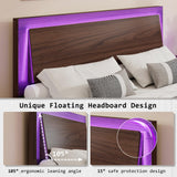 LUXOAK Mid-Century Modern King Size Wood Bed Frame with RGBW LED Light and Floating Headboard - Cherry LUXOAK