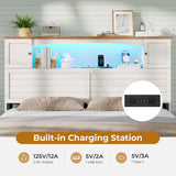 MSmask Farmhouse Queen Bed Frame with Bookcase and Storage Cabinets Headboard, Wood Platform Bed with LED Lights, Charging Station, 4 Drawers, Decoration Footboard, No Box Spring Needed, White MSmask