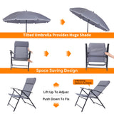 JOYTIO 4 Piece Patio Dining Set, Outdoor Garden Furniture Bistro Set with Tilted Removable Umbrella, 2 Folding Chairs, and Round Glass Table (Grey) JOYTIO