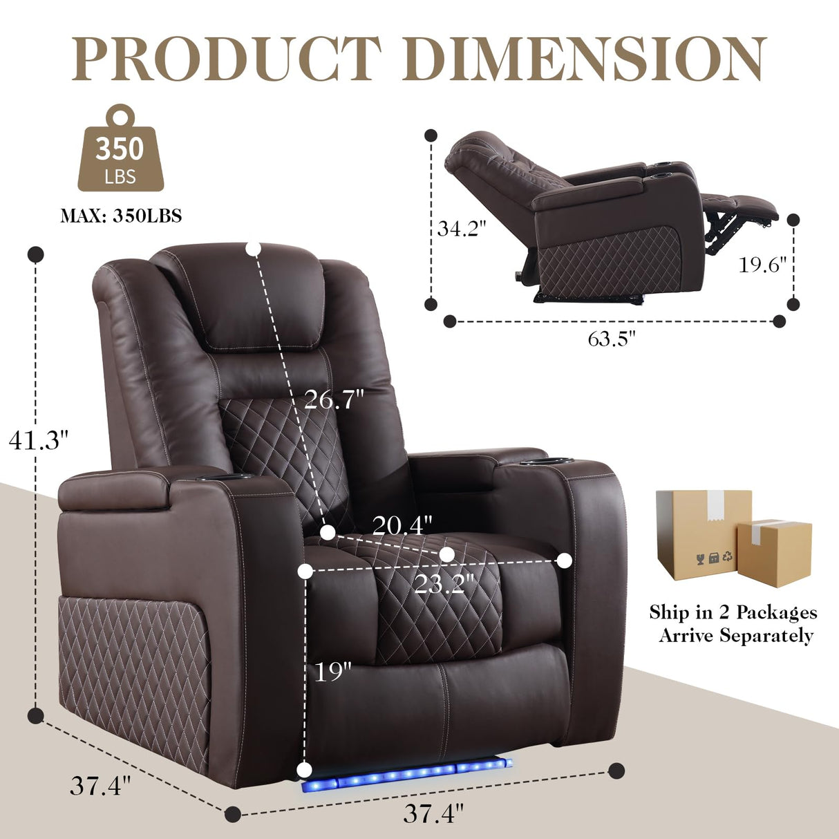 SAMERY Power Recliner Chair with Adjustable Headrest for Living Room Faux Leather Electric Recliner Chair Home Theater Seating Seats with Lighting/USB Port/Storage Arms/Reversible Armrests/Cup Holder SAMERY