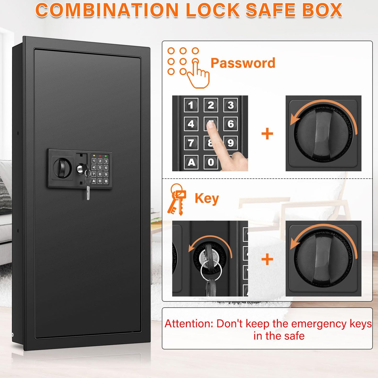 29.53" Tall Fireproof Wall Safes Between the Studs 16" Centers, Heavy Duty Electronic Hidden Safe with Removable Shelf, Home Safe for Firearms, Money, Jewelry, Passport