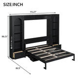 Queen Murphy Bed with Desk and Storage & LED Light, Solid Wood Hideaway Murphy Wall Bed with Storage Bookcase Shelves and Drawers for Adults (Black,Queen) MERITLINE