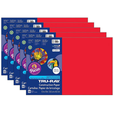 Tru-Ray® Construction Paper, Festive Red, 12" x 18", 50 Sheets Per Pack, 5 Packs