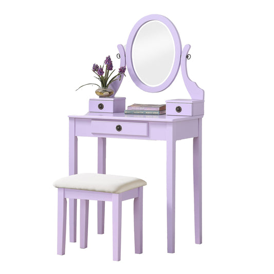 Roundhill Furniture Moniys Wood Moniya Makeup Vanity Table and Stool Set, Purple