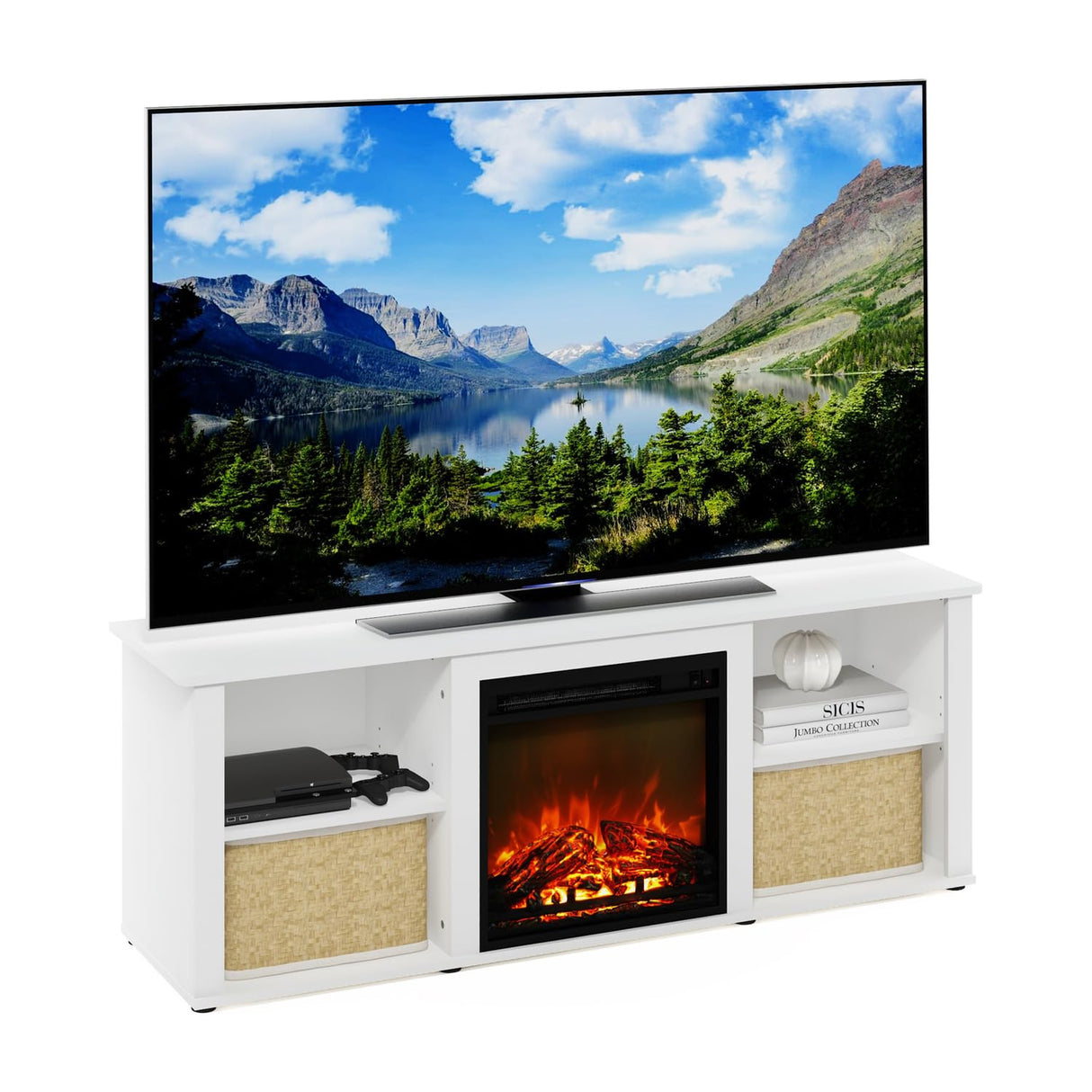 Furinno Classic 60 Inch TV Stand with Fireplace, Solid White Furinno