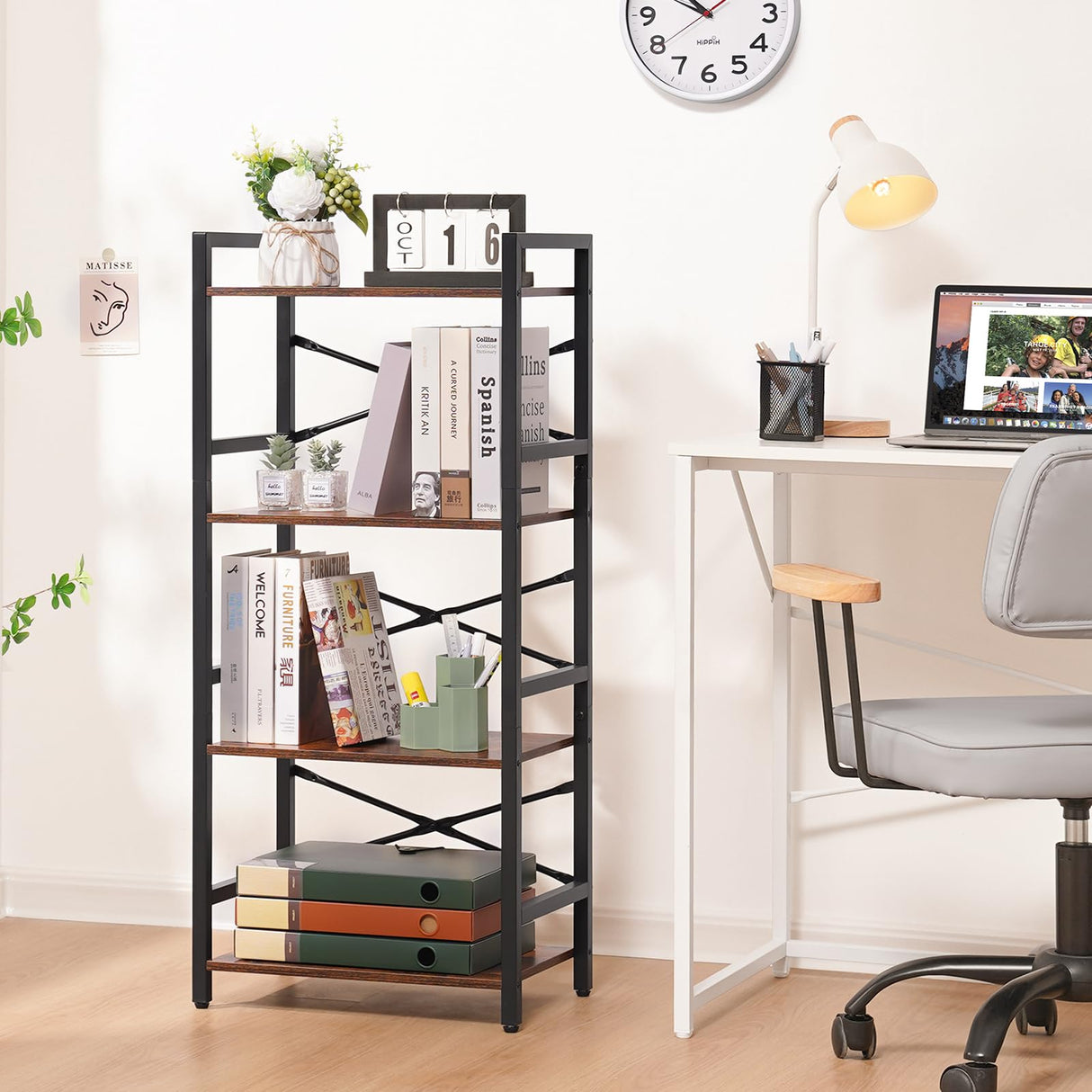 Yoobure 4 Tier Bookshelf - Small Book Shelf Industrial Bookcase, Narrow Book Case Book Storage Organizer for CD/Movie/Book, Bookshelves for Bedroom Office Living Room Berry Brown Yoobure