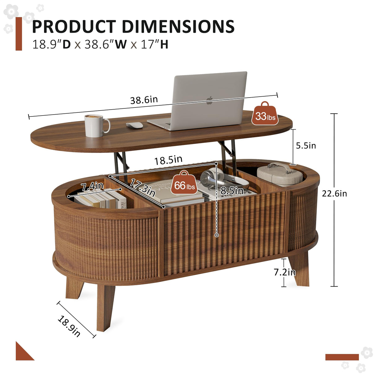 LYNCOHOME Fluted Lift Top Coffee Table with Storage,Modern Oval Coffee Table for Living Room or Home Office（Walnut） LYNCOHOME