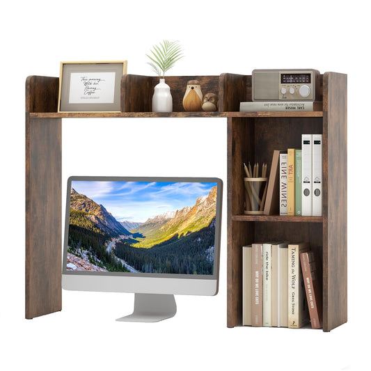 Tangkula Brown Desktop Bookshelf and Storage Hutch with 5 Shelves for Organised Workspaces - WoodArtSupply