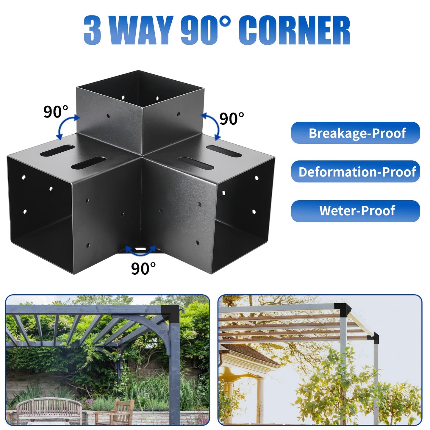 4 Pcs Pergola Bracket，Pergola Kit 3-Way Right Angle Corner Bracket with Black Powder Coated,Woodwork DIY Pergola Kit & Post Base Brackets for Gazebos, Patio Pergolas(Actual: 3.5"x3.5") - WoodArtSupply