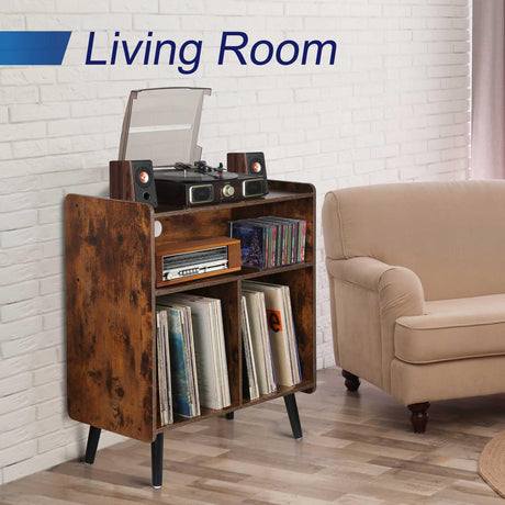 Possile 3-Tier Mid-Century Vintage Record Player Stand and Vinyl Storage Cabinet in Rustic Brown Possile