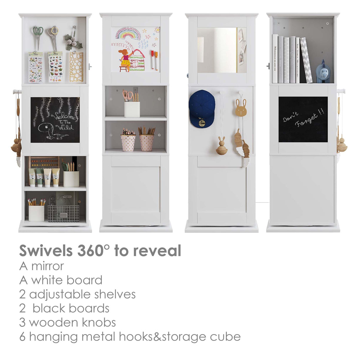 UTEX Kids Rotating Bookshelf Tower, 360 Display Revolving Bookcase with Blackboards and Hooks, 5 Tier Small Spinning Bookshelf for Kids Room, Nursery, Bedroom, Living Room, White UTEX