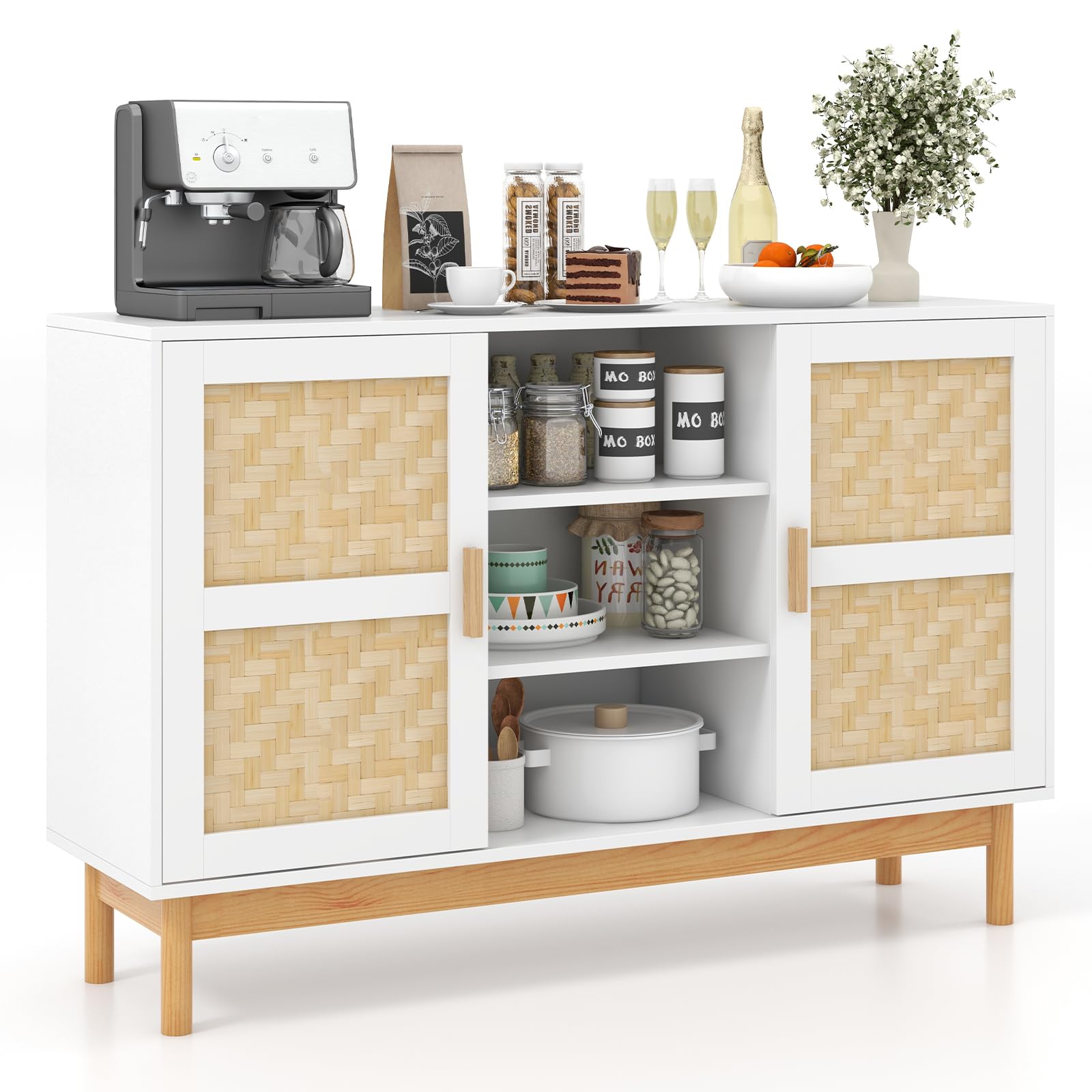 Giantex Buffet Sideboard, Kitchen Storage Cabinet with 3 Open Shelves & 2 Side Cabinets, 48” Wood Cupboard w/ 2 Bamboo Woven Doors, Console Table for Living Room Entryway Coffee Bar, Natural - WoodArtSupply