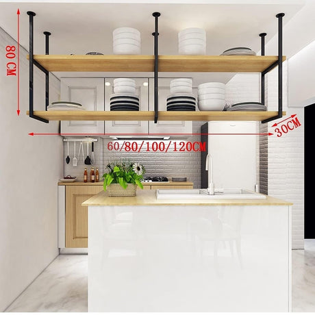 Hanging Wine Rack - Ceiling Floating Shelf, 2-Tier Wine Bottle Rack, Iron Solid Wood Hanging Bookcase Storage Rack Display Stand, Bar Bedroom Kitchen Wall Mounted Plant Stand/Wall Decor ( Color : Blac PAUANI