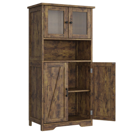 IDEALHOUSE Rustic Brown Freestanding Storage Cabinet with Glass Doors and Adjustable Shelves IDEALHOUSE
