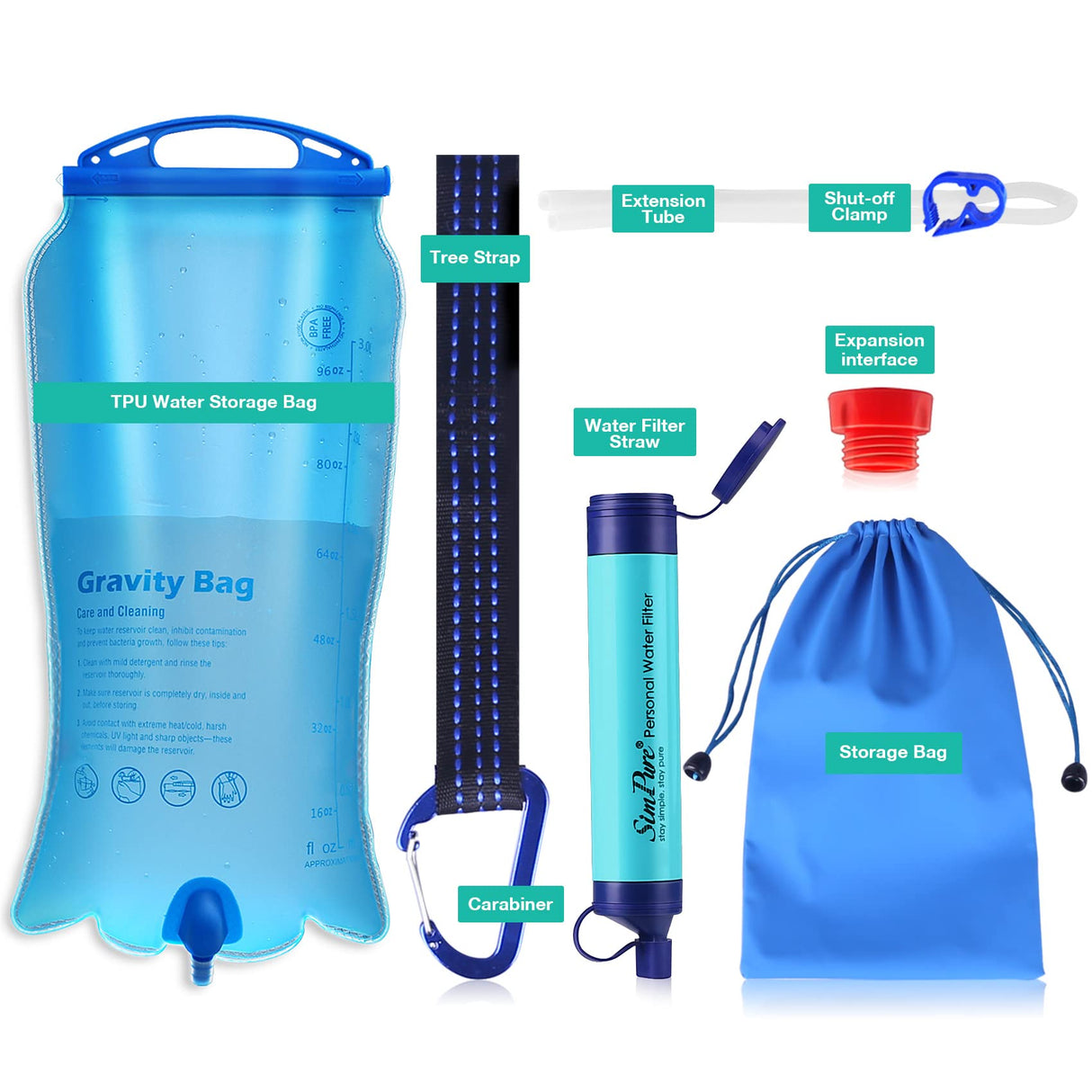 SimPure Gravity Water Filter, Portable Gravity-Fed Water Purifier with 3L Gravity Bag, Tree Strap, BPA Free Survival Gear and Equipment for Camping Hiking Emergency Preparedness SimPure