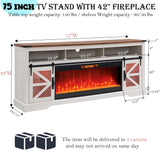 OKD Fireplace TV Stand for 85" TV, 33" Tall Highboy Farmhouse Entertainment Center w/ 42'' Electric Fireplace & LED Light, Rustic Media Console w/Sliding Barn Door for Living Room, Antique White OKD