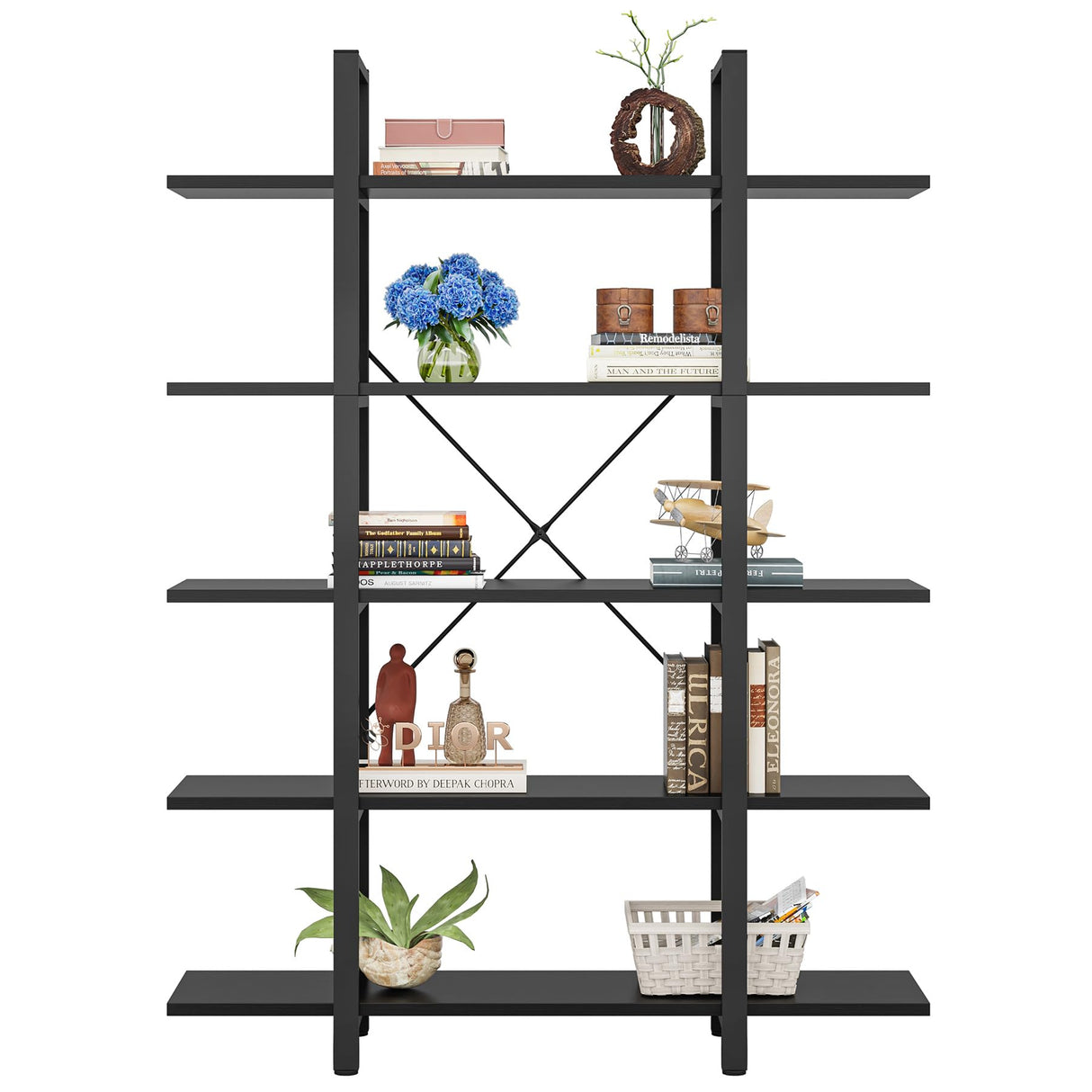 Tribesigns 5-Tier Bookshelf, Vintage Industrial Style Bookcase 72 H x 12 W x 47L Inches, Black Tribesigns
